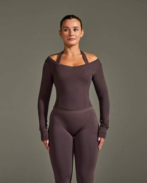 Mellow™ Rib V Neck Mid Long Sleeve Top | Umber Brown