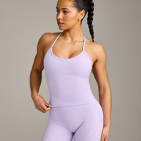EnhanceLift™ Seamless Strappy Racer Vest with Built in Bra Shelf with Grey Logo | Lavender Purple