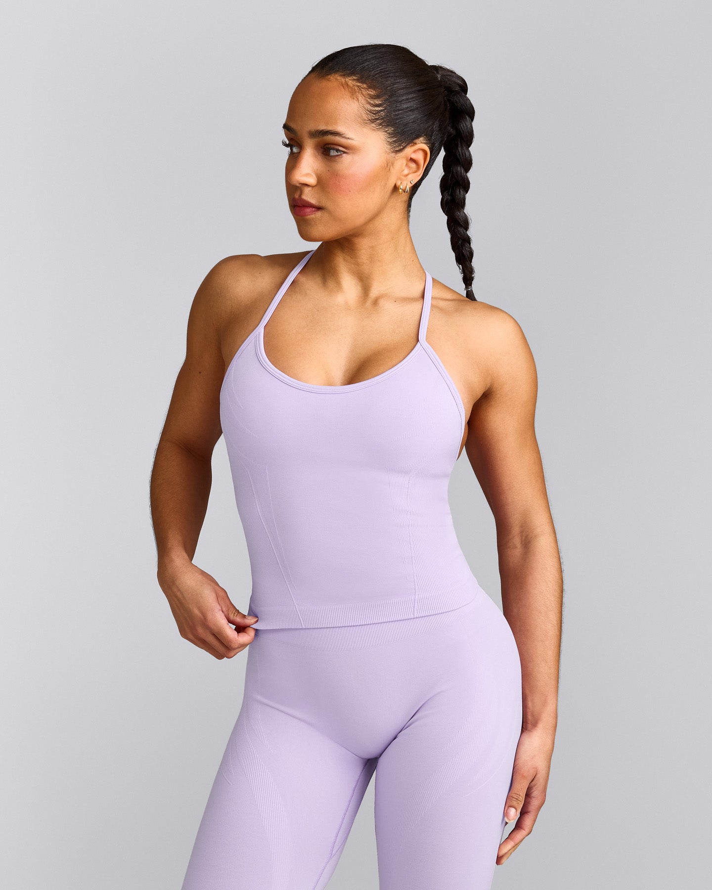 EnhanceLift™ Seamless Strappy Racer Vest with Built in Bra Shelf with Grey Logo | Lavender Purple