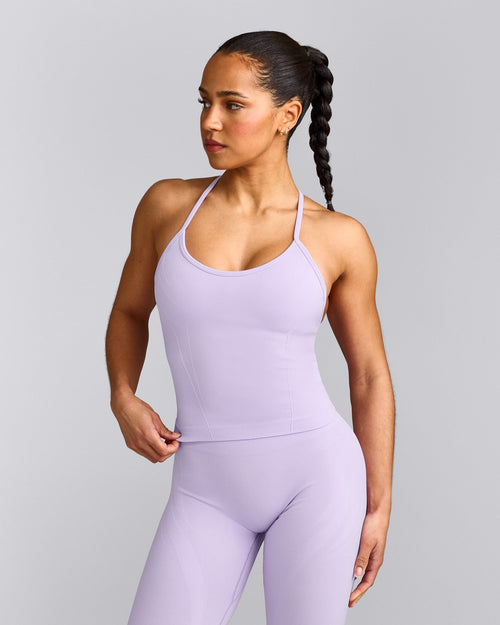 EnhanceLift™ Seamless Strappy Racer Vest with Built in Bra Shelf with Grey Logo | Lavender Purple