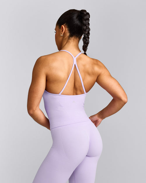 EnhanceLift™ Seamless Strappy Racer Vest with Built in Bra Shelf with Grey Logo | Lavender Purple