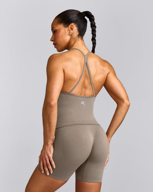 EnhanceLift™ Seamless Strappy Racer Vest with Built in Bra Shelf with Grey Logo | Warm Minky