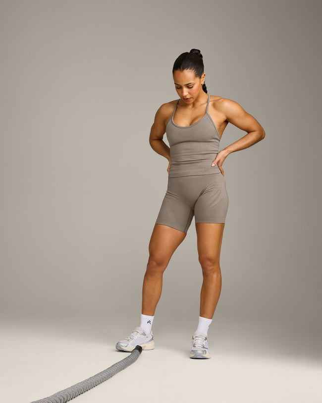 EnhanceLift™ Seamless Strappy Racer Vest with Built in Bra Shelf with Grey Logo | Warm Minky