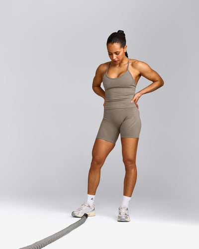 EnhanceLift™ Seamless Strappy Racer Vest with Built in Bra Shelf with Grey Logo | Warm Minky