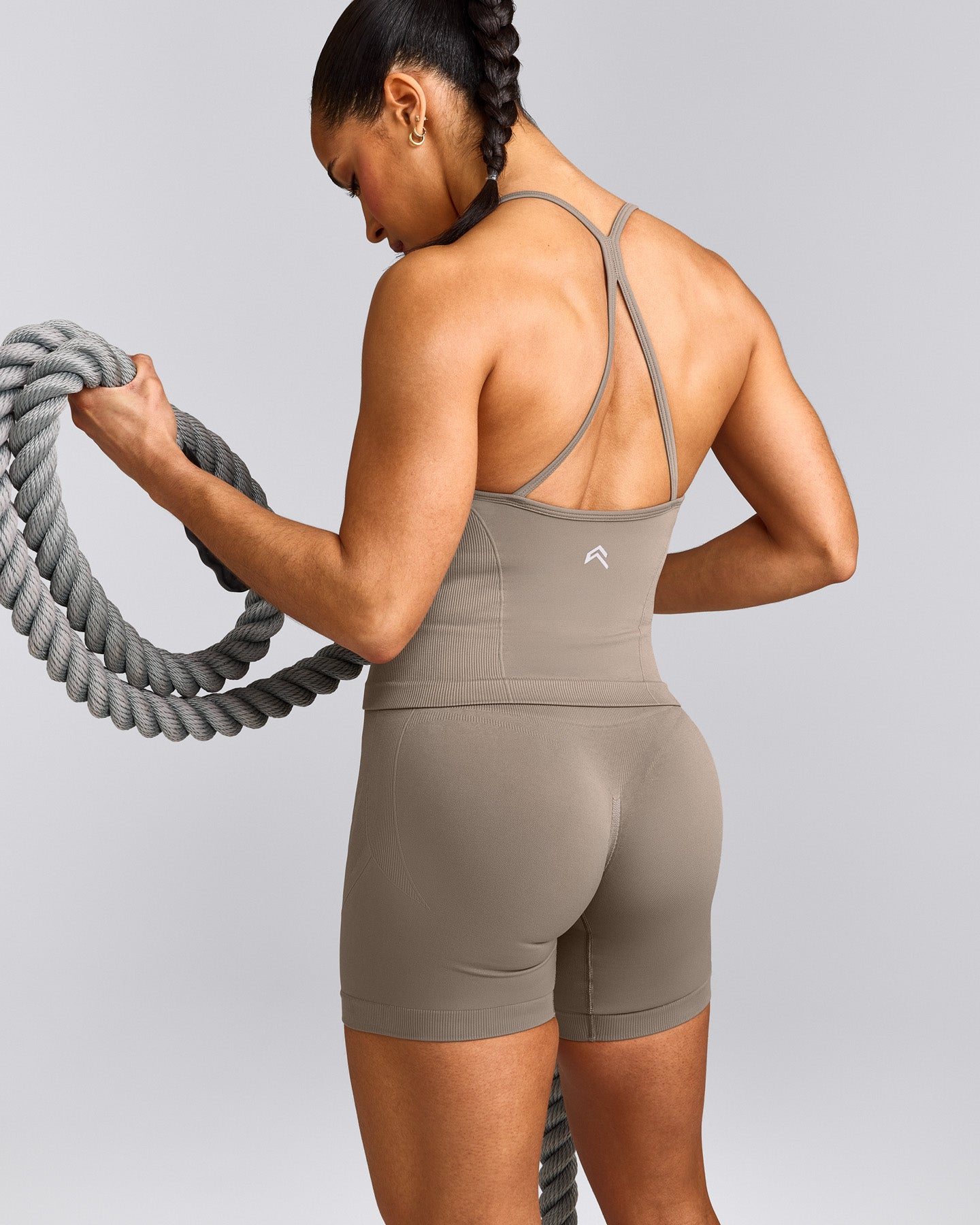 EnhanceLift™ Seamless Strappy Racer Vest with Built in Bra Shelf with Grey Logo | Warm Minky