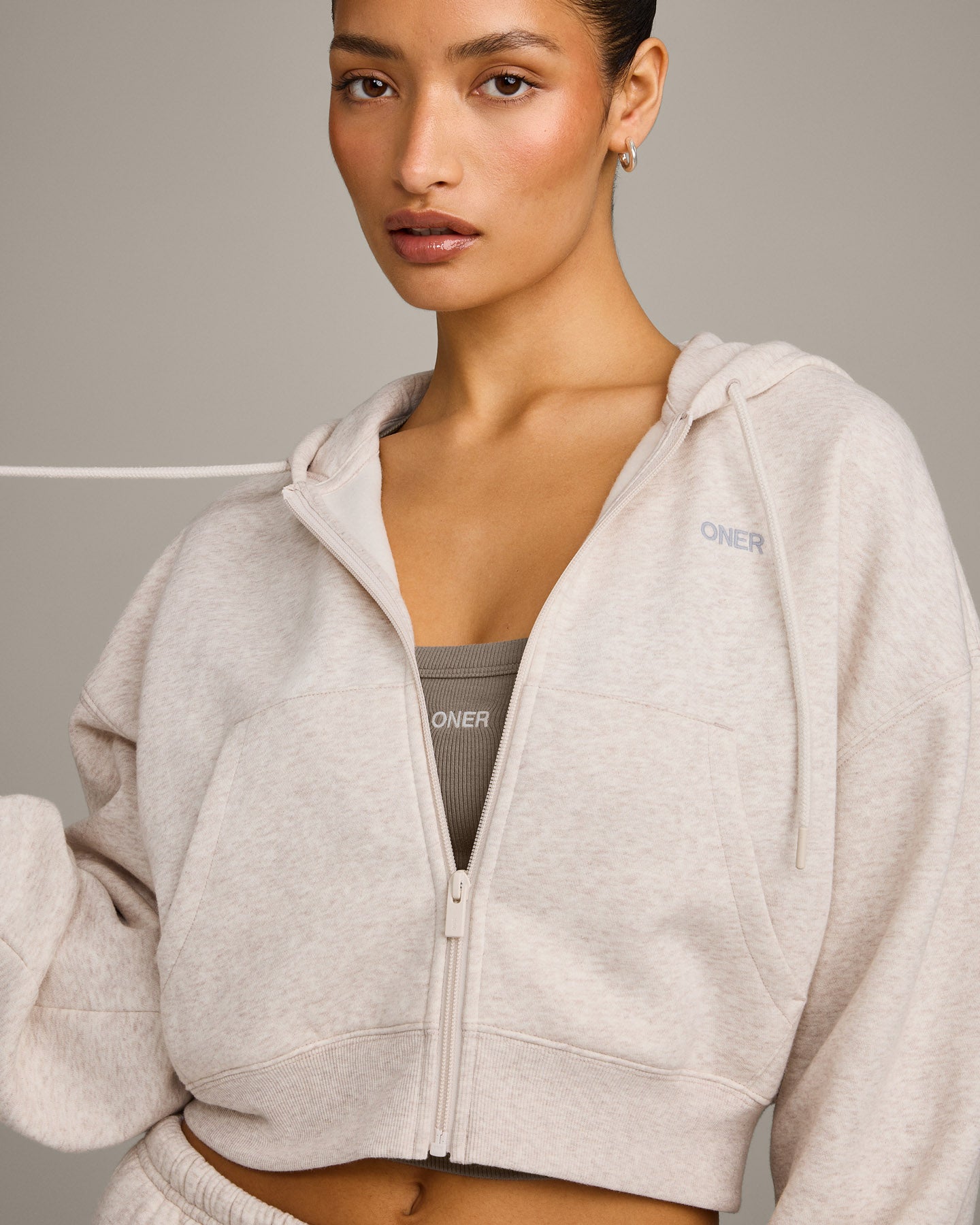 Foundations All Season Cropped Zip Through Hoodie | Oat Marl