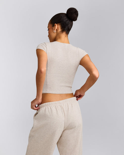 Mellow™ Rib Mid Short Sleeve Cardigan | Oat Marl