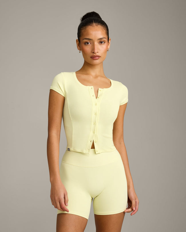 Mellow™ Rib Mid Short Sleeve Cardigan | Pastel Yellow