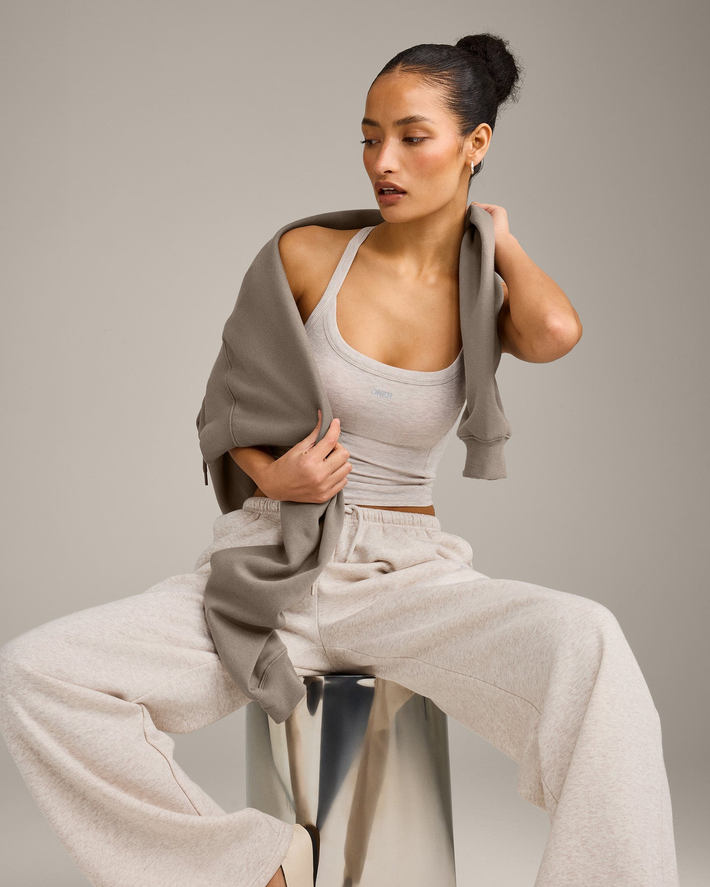 Mellow™ Rib Racer Back Mid Vest with Built in Bra Shelf | Oat Marl
