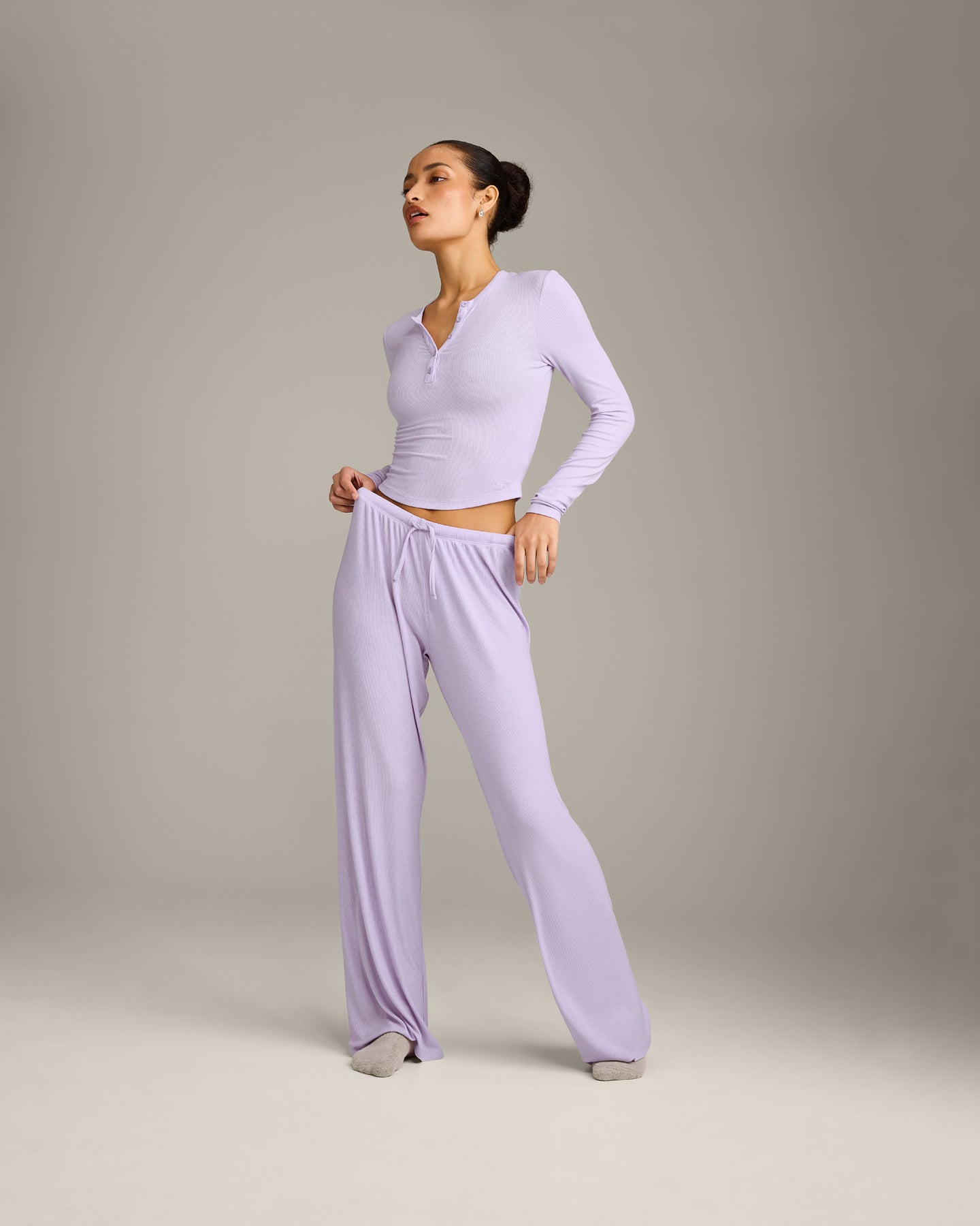 Oner At Home Night Button Down Long Sleeve Top | Light Lavender Purple