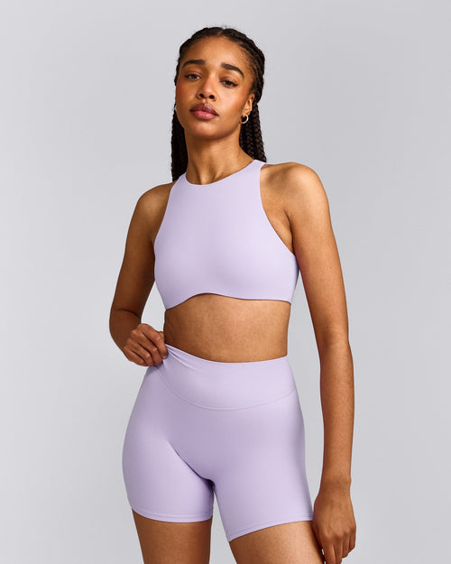 SoftMotion™ High Neck Sports Bra with Grey Logo | Lavender Purple