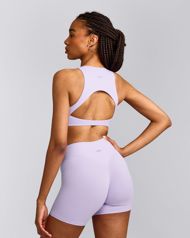 SoftMotion™ High Neck Sports Bra with Grey Logo | Lavender Purple