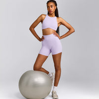 SoftMotion™ High Neck Sports Bra with Grey Logo | Lavender Purple