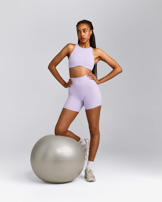 SoftMotion™ High Neck Sports Bra with Grey Logo | Lavender Purple