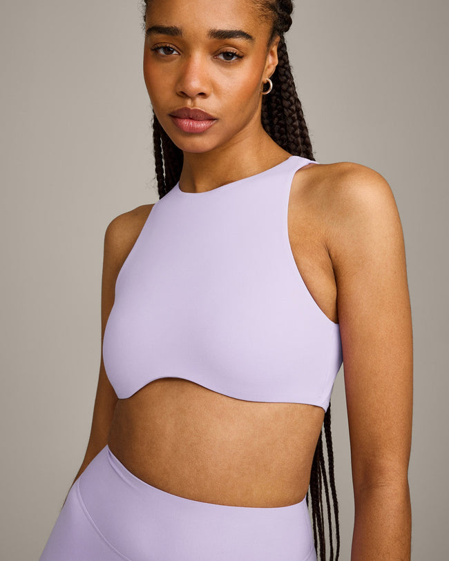 SoftMotion™ High Neck Sports Bra with Grey Logo | Lavender Purple