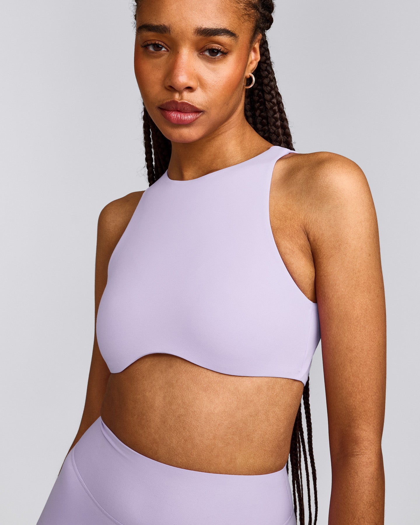 SoftMotion™ High Neck Sports Bra with Grey Logo | Lavender Purple