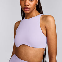 SoftMotion™ High Neck Sports Bra with Grey Logo | Lavender Purple