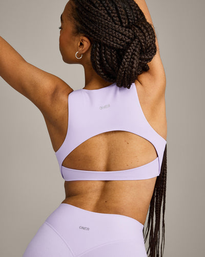 SoftMotion™ High Neck Sports Bra with Grey Logo | Lavender Purple