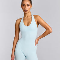 SoftMotion™ Halter Neck All In One Short with Grey Logo | Cloud Blue