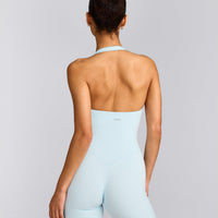 SoftMotion™ Halter Neck All In One Short with Grey Logo | Cloud Blue
