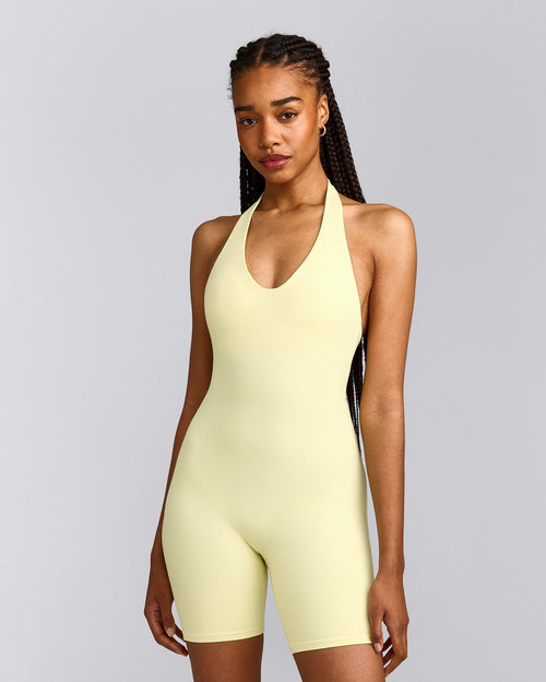 SoftMotion™ Halter Neck All In One Short with Grey Logo | Pastel Yellow