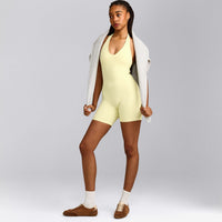 SoftMotion™ Halter Neck All In One Short with Grey Logo | Pastel Yellow