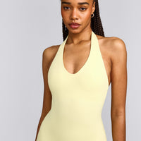 SoftMotion™ Halter Neck All In One Short with Grey Logo | Pastel Yellow