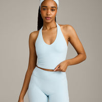 SoftMotion™ Halter Neck Mid Vest with Built in Bra Shelf with Grey Logo | Cloud Blue