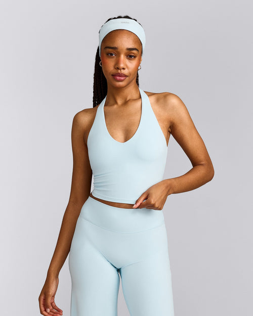 SoftMotion™ Halter Neck Mid Vest with Built in Bra Shelf with Grey Logo | Cloud Blue