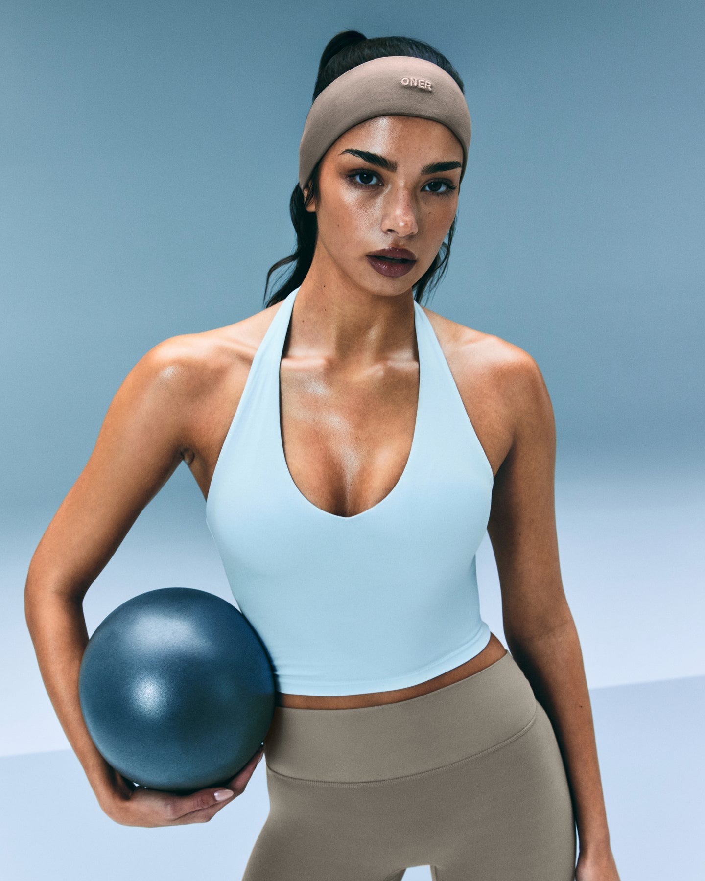 SoftMotion™ Halter Neck Mid Vest with Built in Bra Shelf with Grey Logo | Cloud Blue
