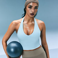 SoftMotion™ Halter Neck Mid Vest with Built in Bra Shelf with Grey Logo | Cloud Blue