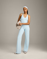 SoftMotion™ Halter Neck Mid Vest with Built in Bra Shelf with Grey Logo | Cloud Blue