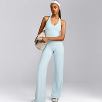 SoftMotion™ Halter Neck Mid Vest with Built in Bra Shelf with Grey Logo | Cloud Blue
