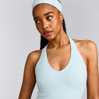 SoftMotion™ Halter Neck Mid Vest with Built in Bra Shelf with Grey Logo | Cloud Blue
