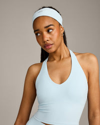 SoftMotion™ Halter Neck Mid Vest with Built in Bra Shelf with Grey Logo | Cloud Blue