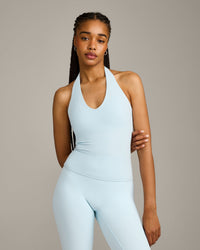 SoftMotion™ Halter Neck Vest with Built in Bra Shelf with Grey Logo | Cloud Blue