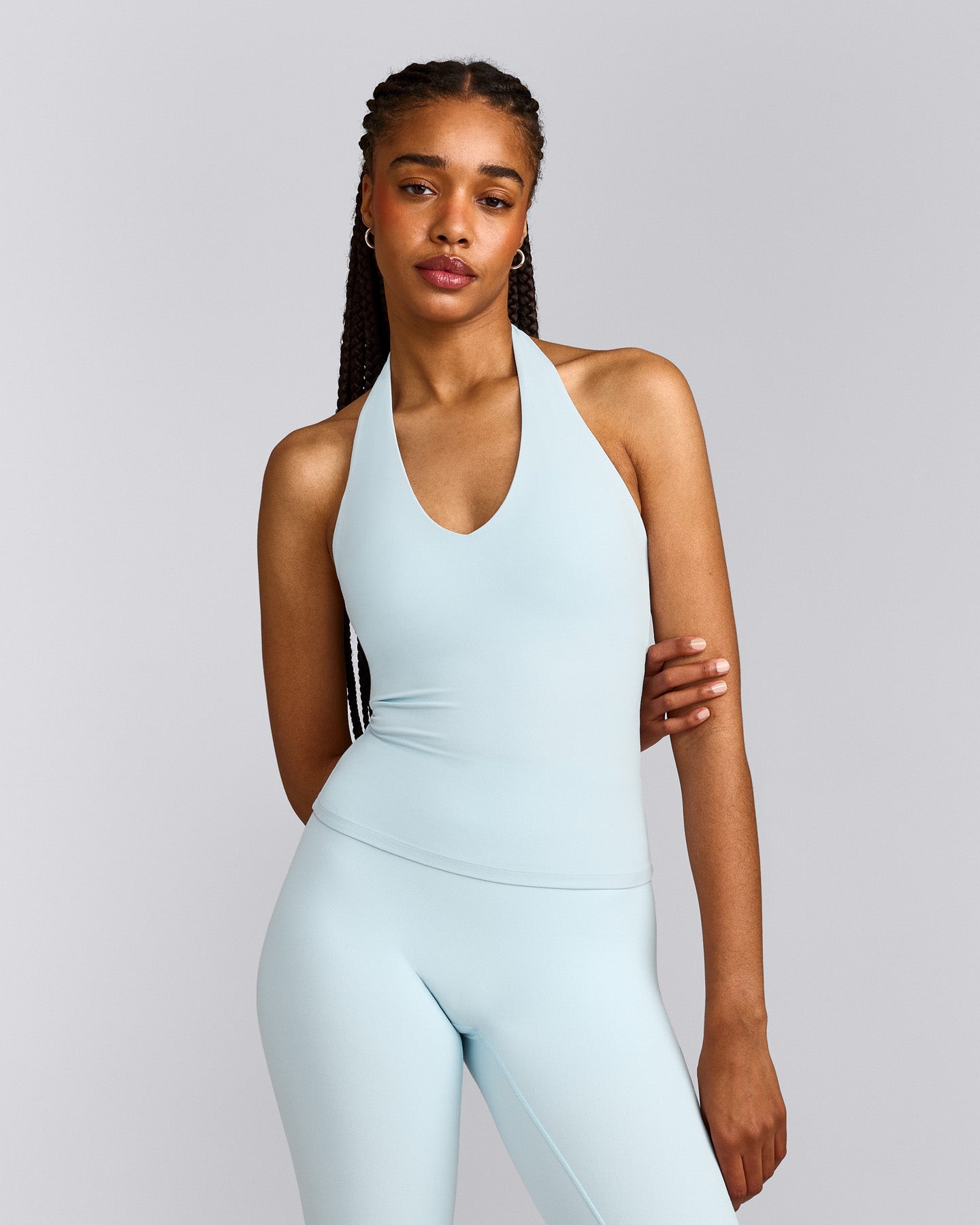 SoftMotion™ Halter Neck Vest with Built in Bra Shelf with Grey Logo | Cloud Blue