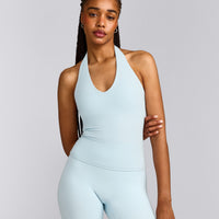SoftMotion™ Halter Neck Vest with Built in Bra Shelf with Grey Logo | Cloud Blue
