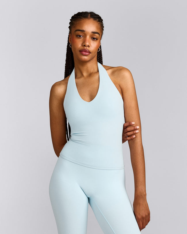 SoftMotion™ Halter Neck Vest with Built in Bra Shelf with Grey Logo | Cloud Blue