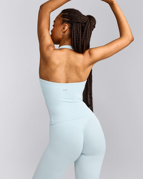 SoftMotion™ Halter Neck Vest with Built in Bra Shelf with Grey Logo | Cloud Blue