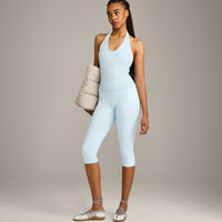 SoftMotion™ Halter Neck Vest with Built in Bra Shelf with Grey Logo | Cloud Blue