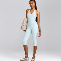 SoftMotion™ Halter Neck Vest with Built in Bra Shelf with Grey Logo | Cloud Blue