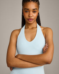 SoftMotion™ Halter Neck Vest with Built in Bra Shelf with Grey Logo | Cloud Blue