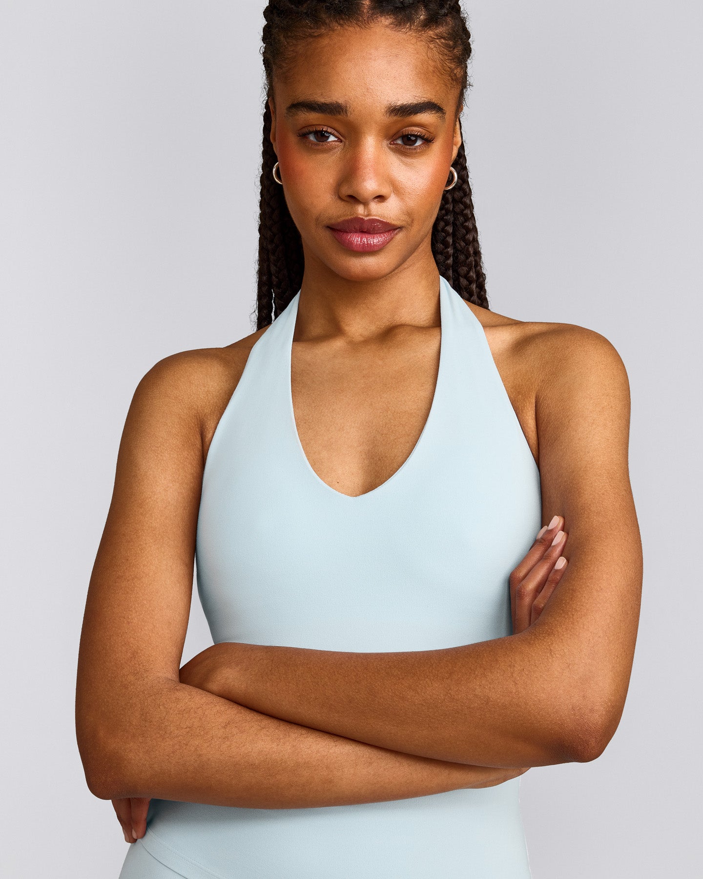 SoftMotion™ Halter Neck Vest with Built in Bra Shelf with Grey Logo | Cloud Blue