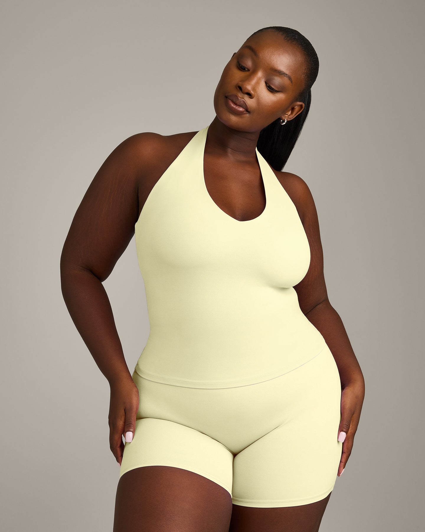 SoftMotion™ Halter Neck Vest with Built in Bra Shelf with Grey Logo | Pastel Yellow