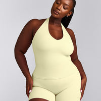 SoftMotion™ Halter Neck Vest with Built in Bra Shelf with Grey Logo | Pastel Yellow