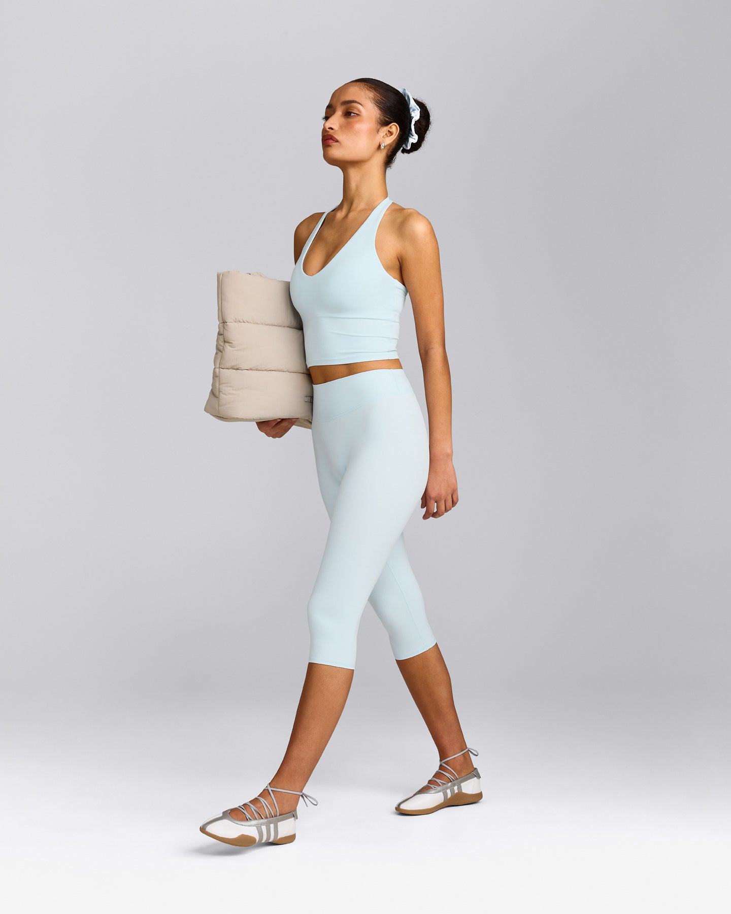 SoftMotion™ High Waisted Capri Leggings with Grey Logo | Cloud Blue