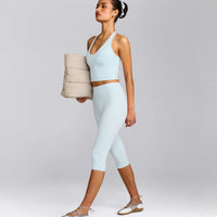 SoftMotion™ High Waisted Capri Leggings with Grey Logo | Cloud Blue