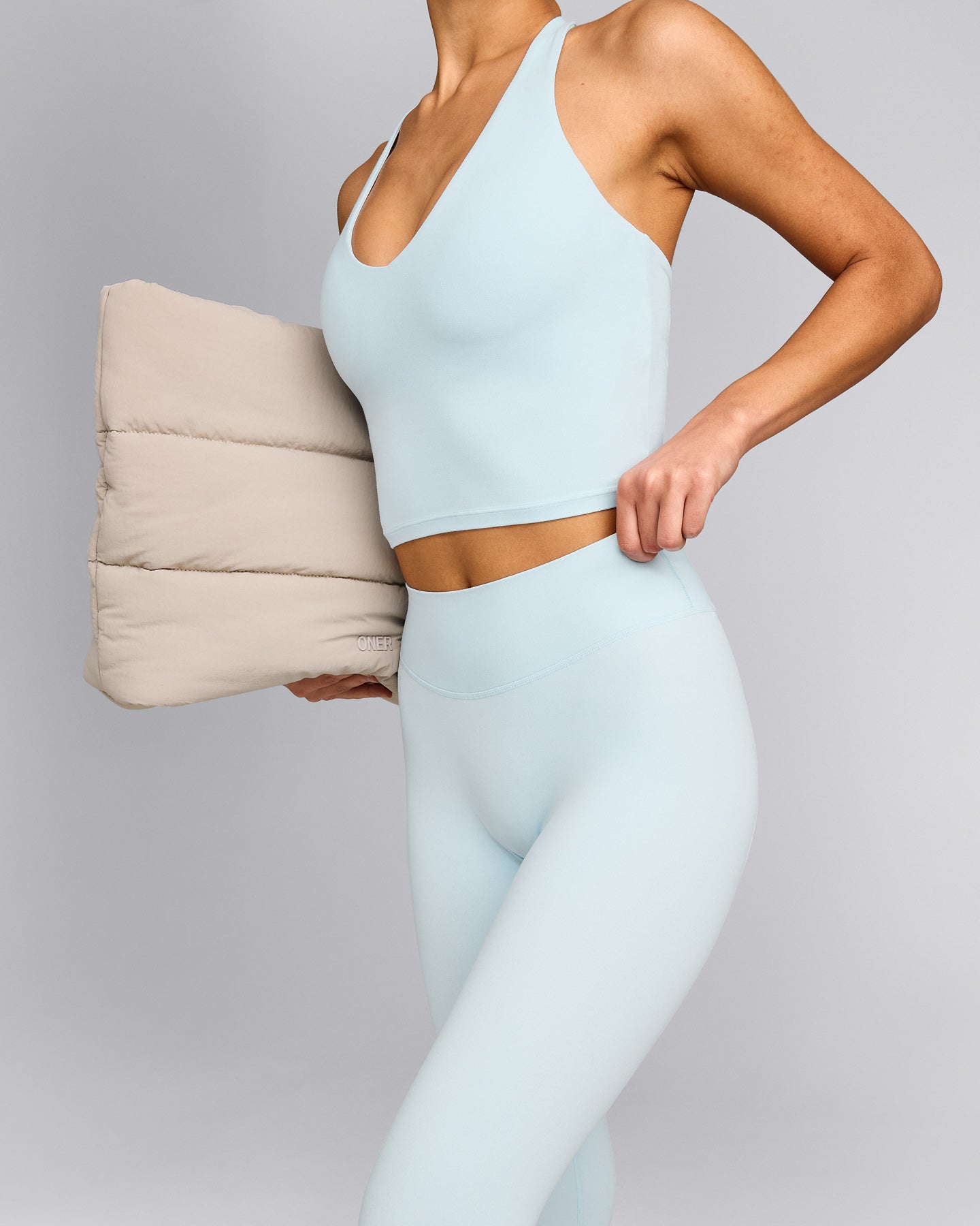 SoftMotion™ High Waisted Capri Leggings with Grey Logo | Cloud Blue