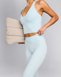 SoftMotion™ High Waisted Capri Leggings with Grey Logo | Cloud Blue